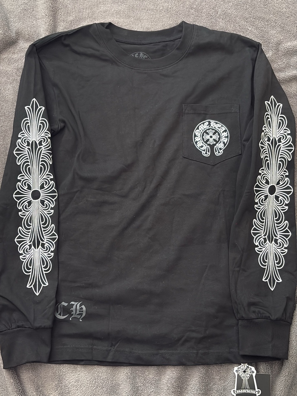 Chrome Hearts Black Long-Sleeve Pocket Tee with White Sleeve Prints
